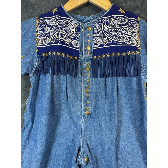 Rare VTG 80s Suzy For Kids Western Style Denim One Piece 24M Paisley/Fringe/Stud - Picture 7 of 9